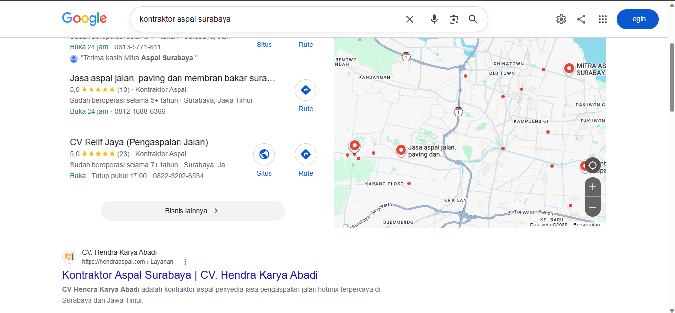 Screenshot Google untuk keyword kontraktor aspal Surabaya
